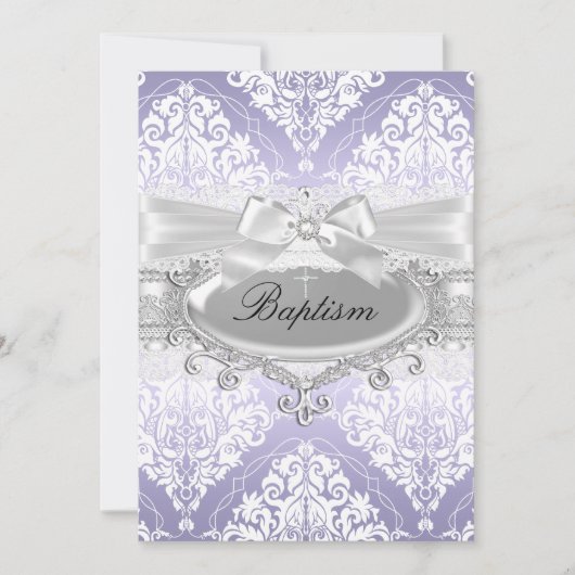 Jolie Purple Damask Bow Baptism Invitation (Devant)