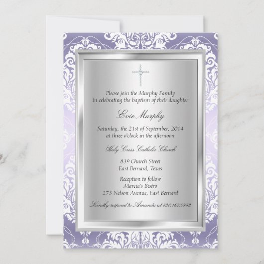 Jolie Purple Damask Bow Baptism Invitation (Dos)
