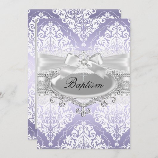 Jolie Purple Damask Bow Baptism Invitation (Devant / Derrière)