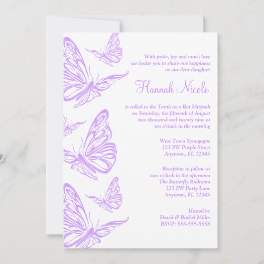 Jolie Purple Papillon Bat mitzvah Invitations (Devant)