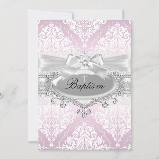 Jolie rose Damask & Bow Baptism Invitation (Devant)