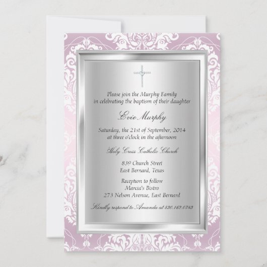 Jolie rose Damask & Bow Baptism Invitation (Dos)