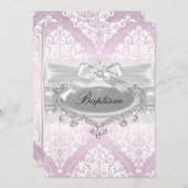 Jolie rose Damask & Bow Baptism Invitation (Devant / Derrière)