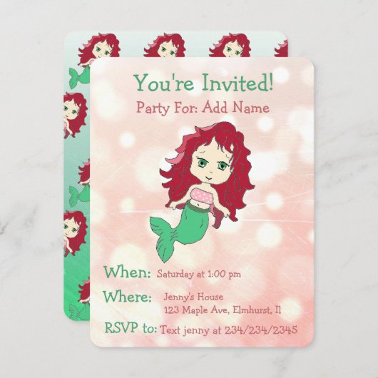 Jolie Sirène Anniversaire Fête Invitations (Devant / Derrière)