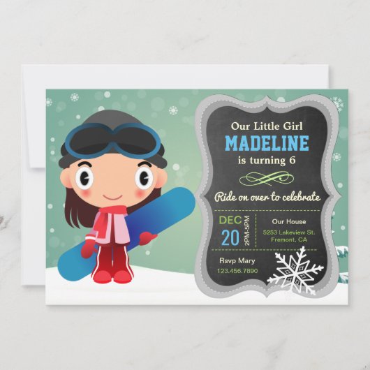 Jolie Snowboard Girl Anniversaire Fête Invitation (Devant)
