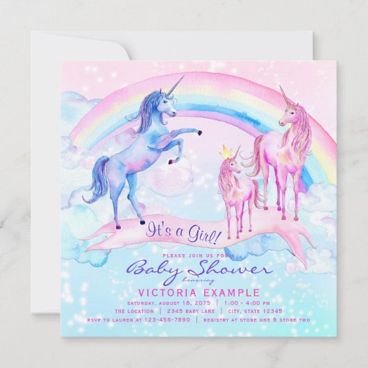 Jolie Unicorn Baby Shower Invitations (Devant)