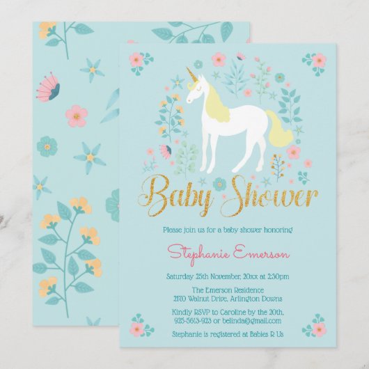 Jolie Unicorn Parties scintillant or Invitation Ba (Devant / Derrière)