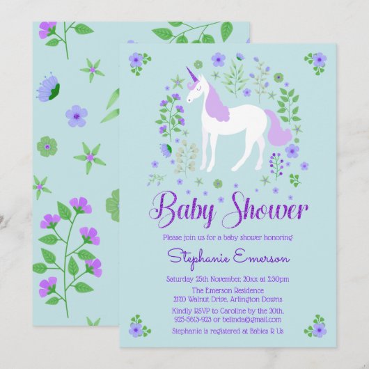 Jolie Unicorn Purple Aqua Baby shower Invitation (Devant / Derrière)