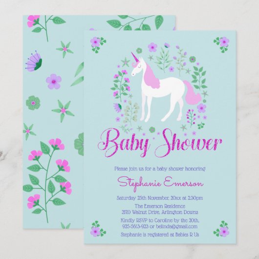 Jolie Unicorn rose Aqua Baby shower Invitation (Devant / Derrière)