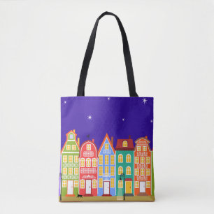 Jolie Vielle Ville Colorée Nuit Promenade Sac Chat
