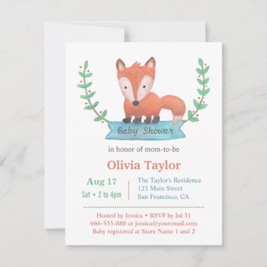 Jolie Woodland Fox Baby Shower Invitations (Devant)