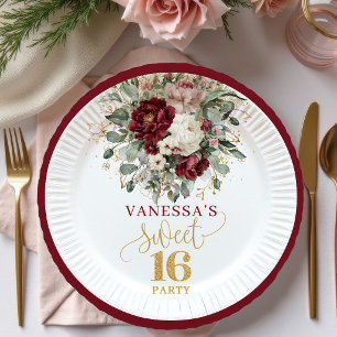 Jolies assiettes en papier florales rose burgundy