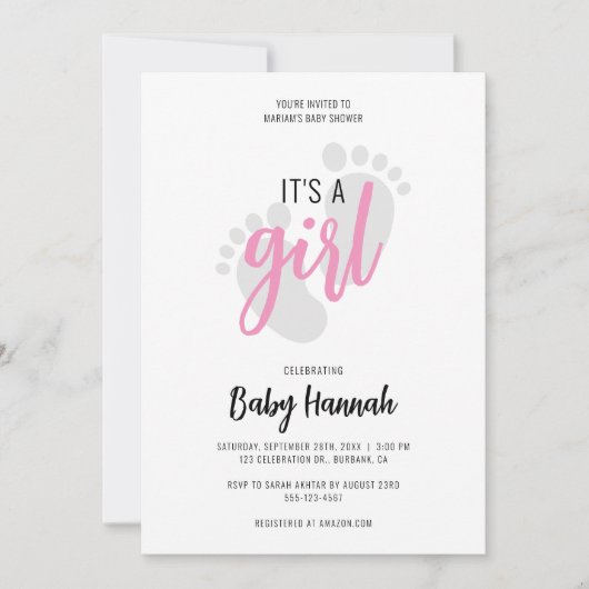 Jolies Empreintes Roses C'est une Fille Invitation (Devant)