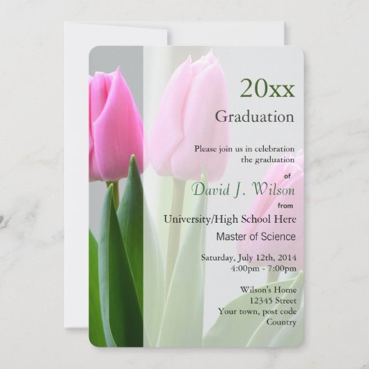 Jolies fleurs de tulipe rose invitations de gradua (Devant)