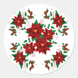 Jolies Fleurs Rouges de Noël Autocollant Rond Clas
