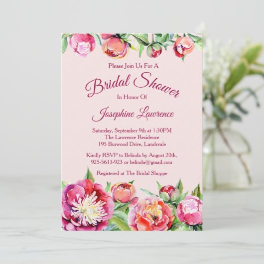 Jolies Peonies Floral Bridal Showches Invitations (Debout devant)