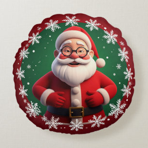Jolige kerstman omringd door sneeuwvlokken rond kussen