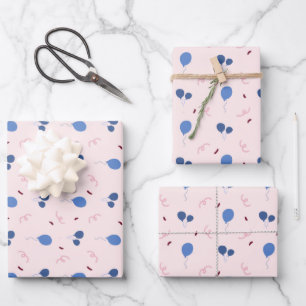 Jolis Ballons Bleus sur Papier de Naissance Rose