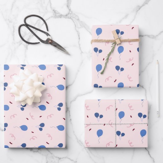 Jolis Ballons Bleus sur Papier de Naissance Rose (Recto)