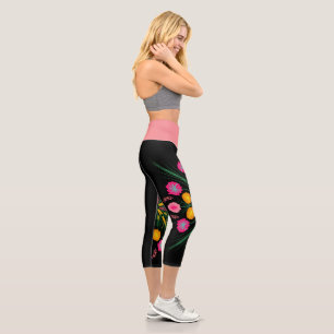 Jolis leggings capri floraux botaniques noirs rose