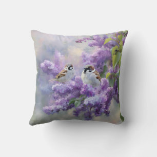 Jolis moineaux sur Coussin de jeté à fleurs de lil