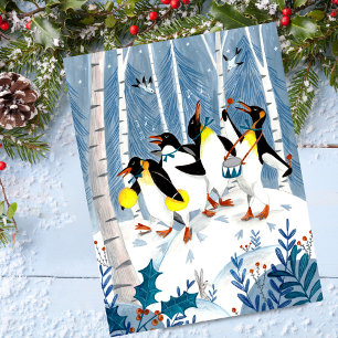 Jolis musiciens bleus manchots neige amusant carte