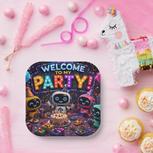 Jolis robots mignons, grande assiette de fête (Fête)
