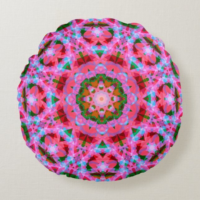 Jolly Christmas Pink Green Red Merry Star Pattern Rond Kussen (Voorkant)