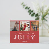 Jolly Family Drie foto Kerstrood Feestdagenkaart (Staand voorkant)
