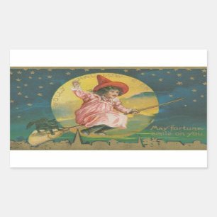 Jolly Halloween Pink Witch op Broom Rechthoekige Sticker