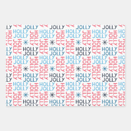 Jolly Holly Typografie Red Blue White Inpakpapier Vel