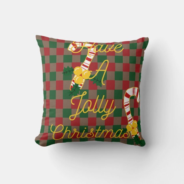 Jolly Kerst Rode Groene Checker Plaid Candy Cane Kussen (Voorkant)