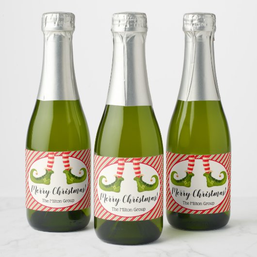 Jolly Kerstmis Elf Legs Stripes Holiday Mini Sparkling Wijnetiket (Flessen)