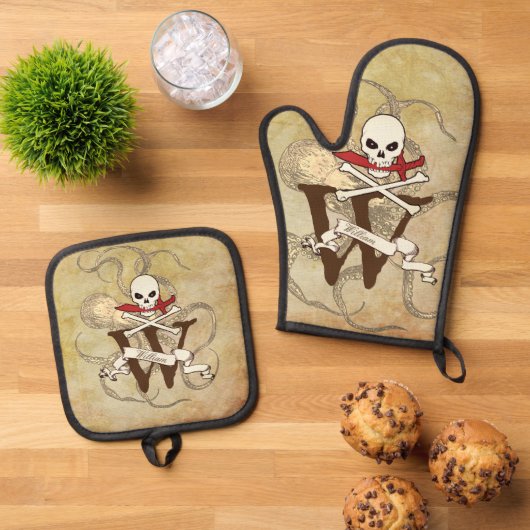 Jolly Roger Monogram Initiaal Ovenwant & Pannenlap Set (Top down)