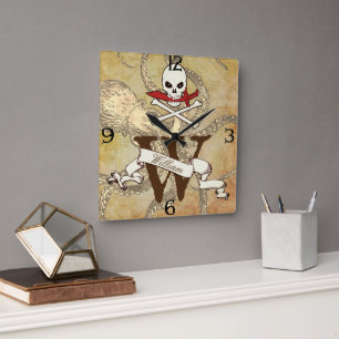 Jolly Roger Monogram Initiaal Vierkante Klok