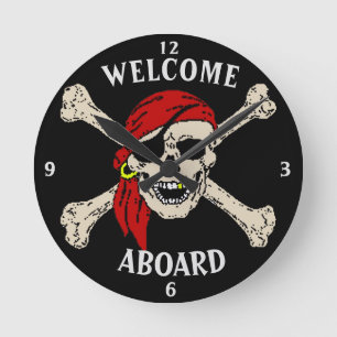 Jolly Roger Pirate Skull Botten Red Bandanna Round Ronde Klok