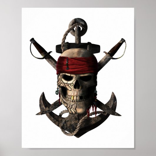 Jolly Roger Pirate Skull en Swords Sailing Anchor Poster (Voorkant)