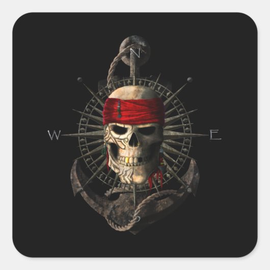 Jolly Roger Pirate Skull Sailing Compass Anchor Vierkante Sticker (Voorkant)