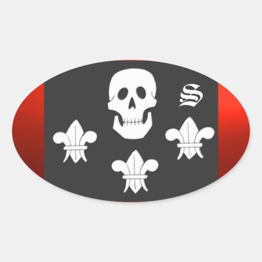 JOLLY ROGER SKULL EN DRIE LILIES FLAG MONOGRAM OVALE STICKER (Voorkant)