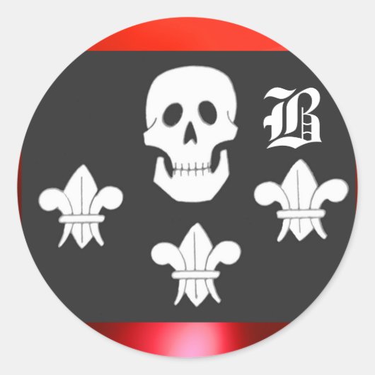 JOLLY ROGER SKULL EN DRIE LILIES FLAG MONOGRAM RONDE STICKER (Voorkant)
