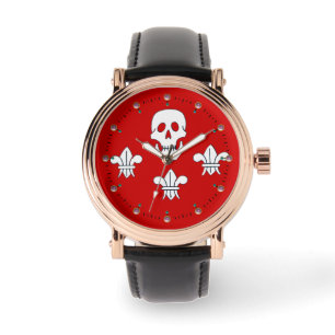 JOLLY ROGER SKULL EN DRIE LILIES FLAG, Red Horloge