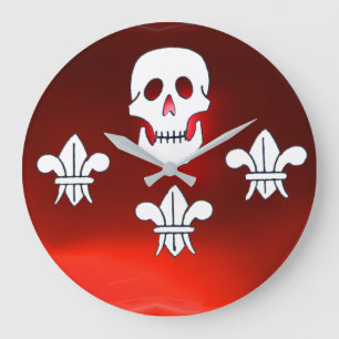 JOLLY ROGER SKULL EN DRIE LILIES FLAG, Red Ruby Grote Klok
