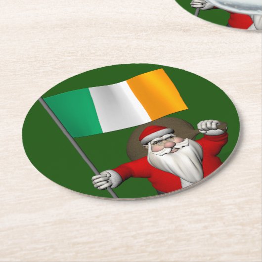 Jolly Saint Nicholas met vlag van Ierland Ronde Kartonnen Onderzetter (Gebogen)