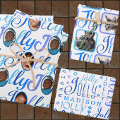JOLLY Script Blue op White 4-fotokerstmis Inpakpapier Vel