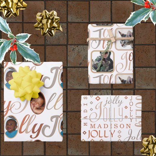 JOLLY Script Brown Tan op White 4 Fotokerstmis Inpakpapier Vel