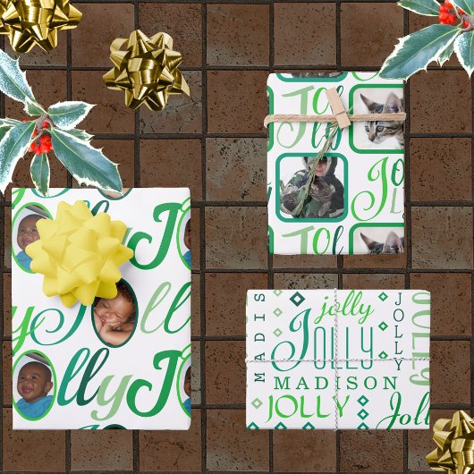 JOLLY Script Green op White 4-fotokerstmis Inpakpapier Vel