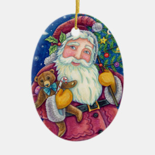 JOLLY ST NICK & TEDDYBEAR, OUDERWETSE KERST KERAMISCH ORNAMENT