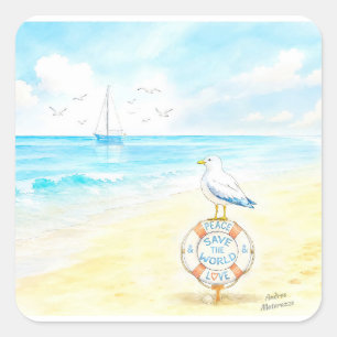Jon Seagull - Vrede & Liefde Red de Wereld Vierkante Sticker