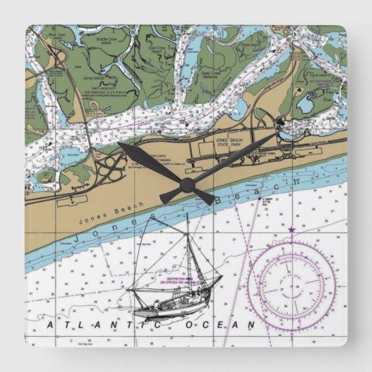Jones Beach Island NY Chart Vierkante Klok (Voorkant)