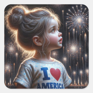 Jong Amerikaans meisje kijken vuurwerk Vierkante Sticker